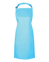 A light blue bib apron with an adjustable strap and a logo. Suitable for chefwear and kitchen uniforms.