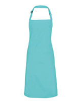 A turquoise bib apron with adjustable neck strap, suitable for chefwear uniforms. It features a branding logo.