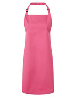 A pink bib apron featuring a neck strap and a branding logo. Suitable for chefwear and uniforms.