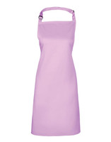 A pink bib apron with an adjustable neck strap, suitable for culinary use, featuring a logo.