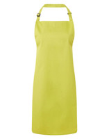 A yellow bib apron with an adjustable neck strap and a plain design. It features a logo on the front.