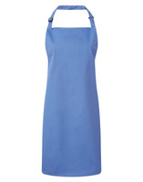 A blue bib apron with a neck strap and an adjustable design. It features a branding logo.