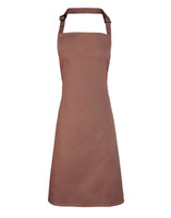 A brown bib apron with a halter neck design, featuring a logo on the front.