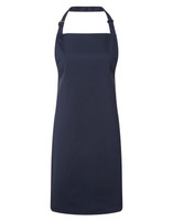 A navy blue bib apron with a neck strap and a plain design, featuring a branding logo.