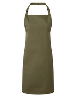 A khaki bib apron with an adjustable neck strap and a plain design, featuring a logo. Suitable for chefwear uniforms.