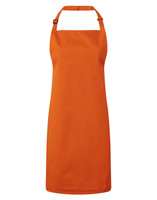 An orange bib apron with a neck strap and adjustable features, featuring a logo. Ideal for chefwear.