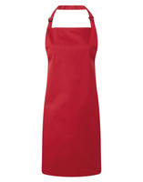 A red bib apron with a neck strap and an adjustable design, featuring a logo.