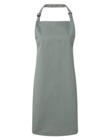 A grey bib apron with a neck strap and a simple design, featuring a logo on the front.