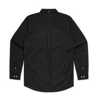 A black denim wash shirt with long sleeves and a button-up design, featuring a logo on the back.