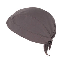 A grey bandana with a tied back design, featuring a logo on the fabric.