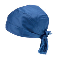 A blue bandana with a tied knot at the back, featuring a smooth fabric texture and a logo.