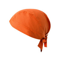 An orange bandana with a tied back feature, featuring a branding logo on the upper right corner.