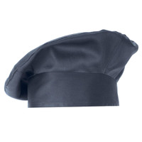 A black chef hat with a structured top and wide band. The hat has a smooth, shiny finish and a logo.