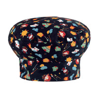 A patterned chef hat featuring a dark background with colourful illustrations of hats, sun, and various characters.