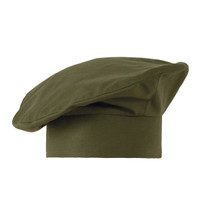 A green chef hat with a tall, soft crown and a flat top, featuring a simple design.