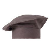 A chef hat in a dark brown colour, with a wide brim and a classic beret style, featuring a logo.