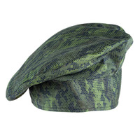 A chef hat in green camouflage pattern, featuring a soft, rounded design and a branding logo.