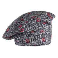 A chef hat featuring a black and grey design with red accents and repeating text patterns.