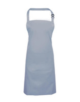 A blue bib apron with a pocket and adjustable neck strap, featuring a branding logo.