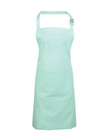 A mint green bib apron with a pocket and an adjustable neck strap, featuring a logo on the front.
