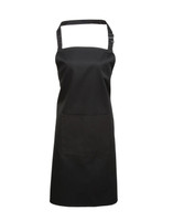 A black bib apron with a front pocket and adjustable neck strap, featuring a logo.