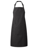 A black bib apron featuring a front pocket and an adjustable neck strap; includes a logo.
