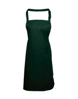 A dark green bib apron with a pocket and adjustable straps, featuring a logo.