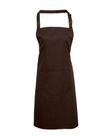 A brown bib apron with a pocket and an adjustable neck strap, featuring a logo.