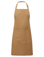 A brown bib apron with a pocket, designed for workwear use. Features an adjustable neck strap and a simple, classic design.
