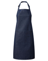A dark blue bib apron featuring an adjustable neck strap and a front pocket. It includes a logo on the pocket.