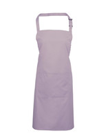 A lilac bib apron with a pocket, showcasing adjustable neck straps and a simple design.