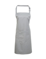 A grey bib apron with a pocket and adjustable neck strap. It features a simple design and has a logo.