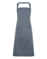 A grey bib apron with a pocket, suitable for workwear. The apron features an adjustable neck strap.