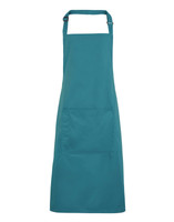 A teal bib apron featuring a front pocket and an adjustable neck strap. The apron includes a logo.