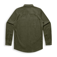 An olive green button-up shirt with long sleeves and a pointed collar, featuring a back yoke and no visible branding.