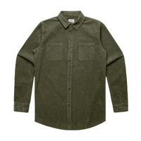 A button-up cord shirt in olive green with two chest pockets and a collared neckline. It features long sleeves and a logo.