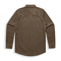 A button-up shirt in a rich brown cord fabric with long sleeves and a back yoke design, featuring a logo.