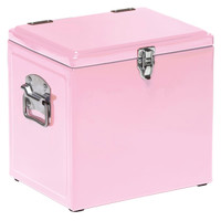 A pink vintage cooler box with a metal latch and handle, featuring a glossy finish.