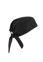 A black unisex reversible scrub cap with a tied back design. It features a simple and sleek look.
