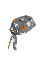 A unisex printed scrub cap in grey, featuring colourful animal patterns and a tie-back design.