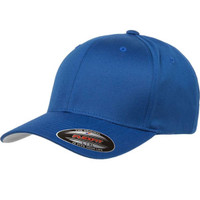 A blue cap with a rounded crown and a stiff brim, featuring a branding logo on the front.