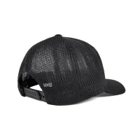 Rear angled view of the Flexfit® Worn By The World Mesh Trucker in black, highlighting the breathable mesh back panels and adjustable snapback closure.