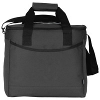 A black cooler bag with two sturdy handles and a detachable shoulder strap, featuring a zippered closure and a front pocket. A black cooler bag with two sturdy handles and a detachable shoulder strap, featuring a zippered closure and a front pocket.