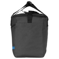 A grey cooler bag with a shoulder strap and top handle, featuring a logo on the front.