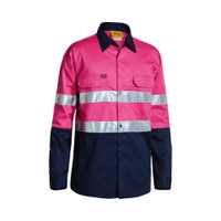 HiVis work shirt in Pink and Navy with reflective tape around hip, chest and upper arm