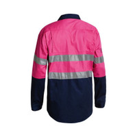Back view of HiVis work shirt in Pink and Navy with reflective tape around hip, chest and upper arm