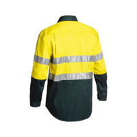 Back view HiVis work shirt in Yellow and Bottle with reflective tape around hip, chest and upper arm