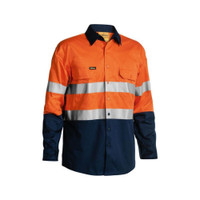HiVis work shirt in Orange and Navy with reflective tape around hip, chest and upper arm