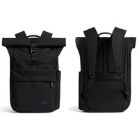 A black roll-top backpack with adjustable straps and multiple pockets. It features branding on the exterior.