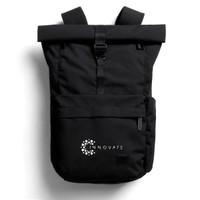 A black rolltop backpack featuring adjustable straps and a front pocket. It has a logo on the front.